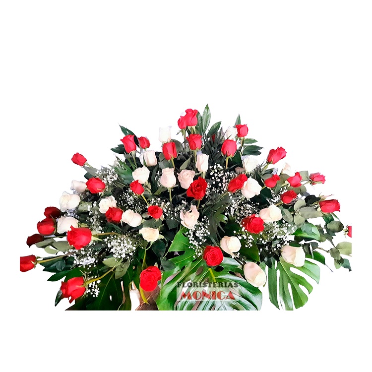 Centro de 60 rosas rojas y blancas
